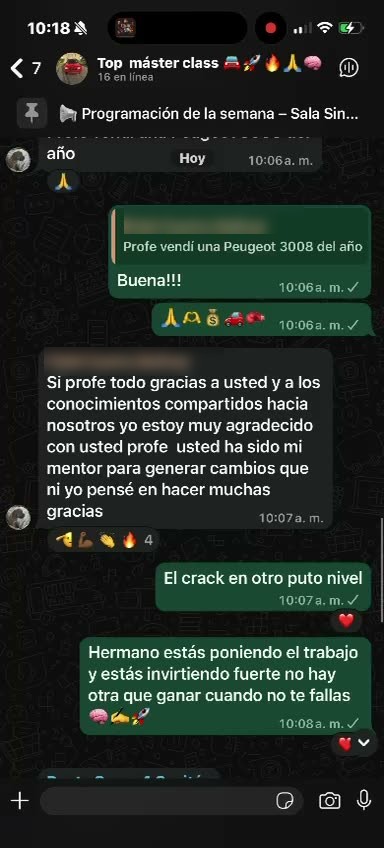 Captura de WhatsApp: alumno agradece tras vender un Peugeot 3008